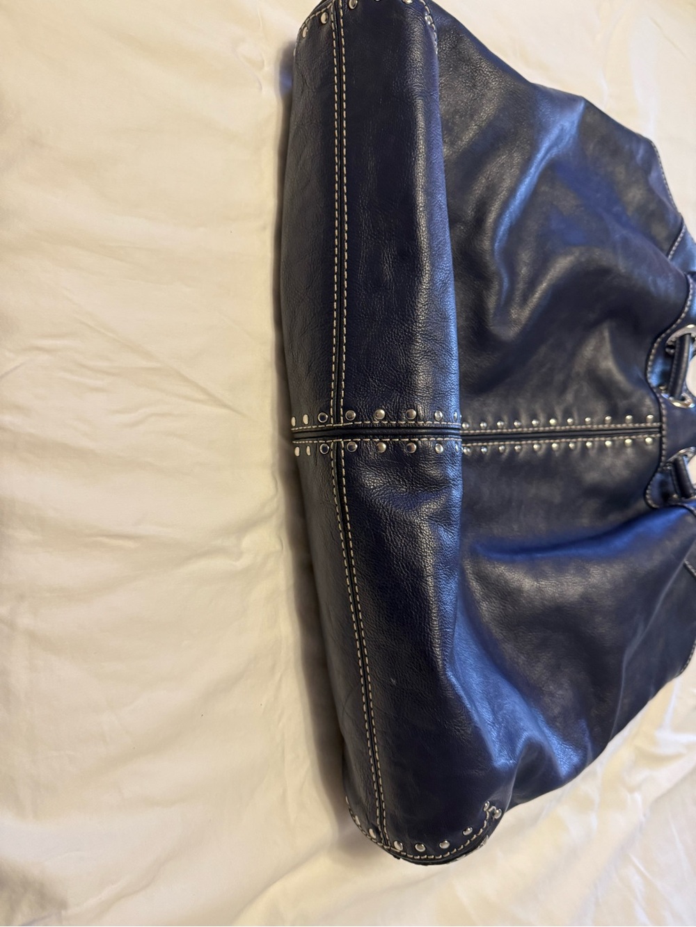Navy Blue Studded Leather Tote Bag - Women